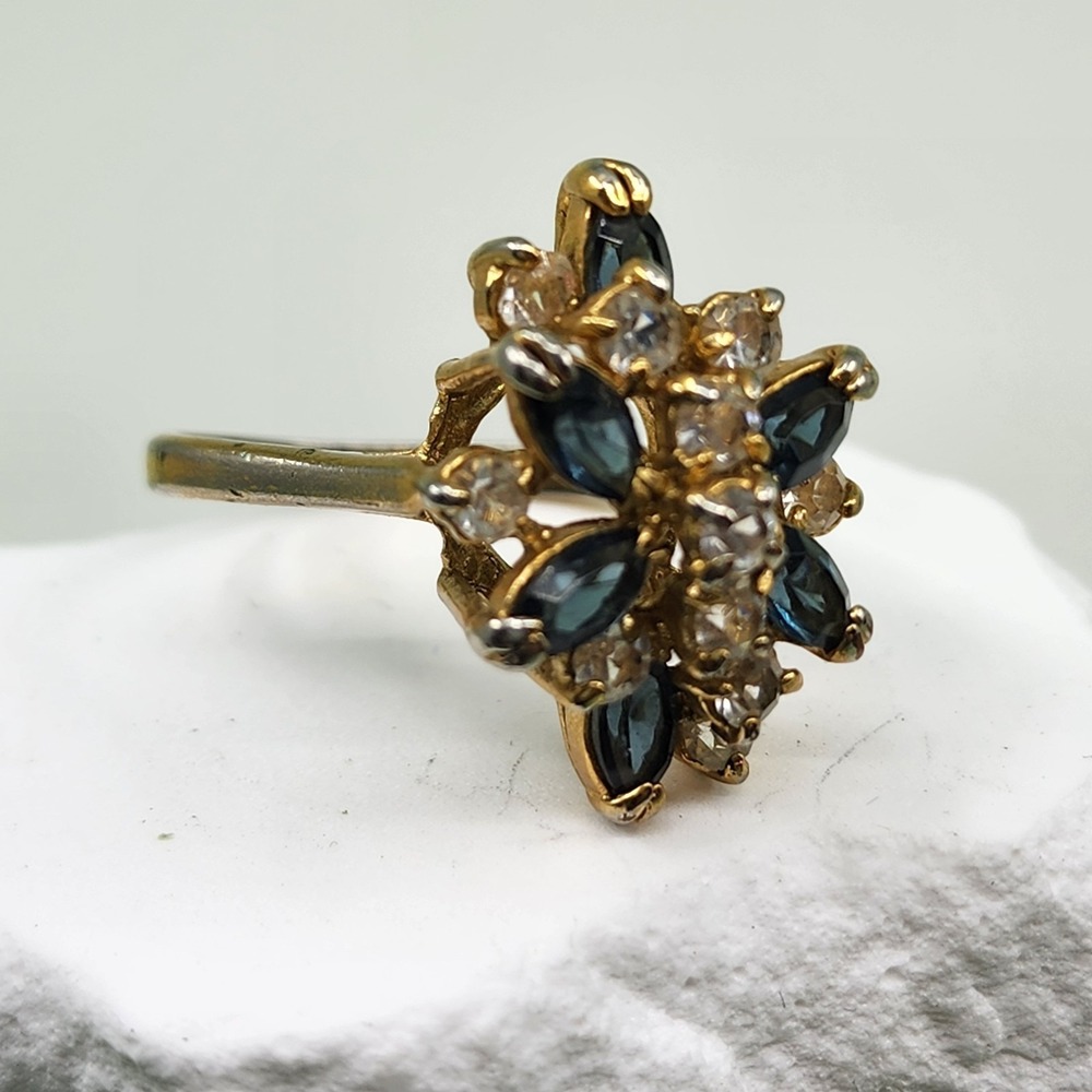 Vintage Gold Tone Blue Clear Rhinestone Floral Cluster Cocktail Ring Statement
